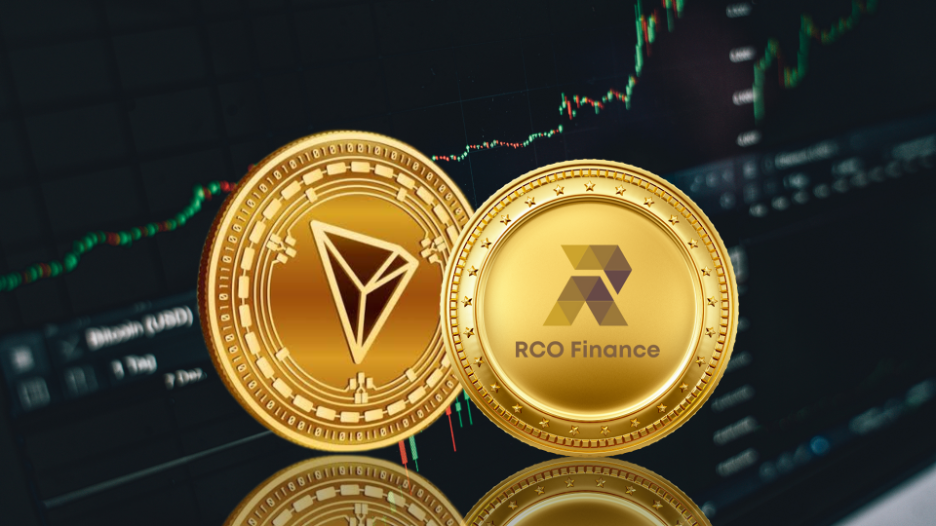 3D RCO Finance crypto token icon beside Ethereum, Bitcoin, and TRON coins